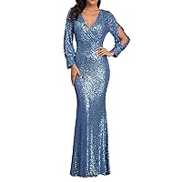 Sequin Dress for Women Party Night Cocktail,Sparkly Long Sleeve V Neck Sequin Slim Mermaid Evening New Years Eve Dress