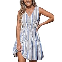 CUPSHE Women's Striped Casual Dress V Neck Sleeveless Ruffled Tiered Woven Summer Mini Beach Dresses