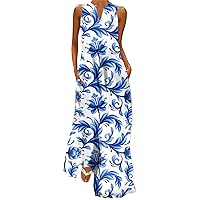 Summer Dresses for Women 2024 Boho Floral Maxi Dress V Neck Sleeveless Vintage Ruffle Flowy Beach Tank Dress with Pocket