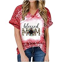 Blessed Mama Shirt Women Casual Mom Life V Neck Bleached T-Shirt Short Sleeve Summer Mommy Tops Sunflower Graphic Tees