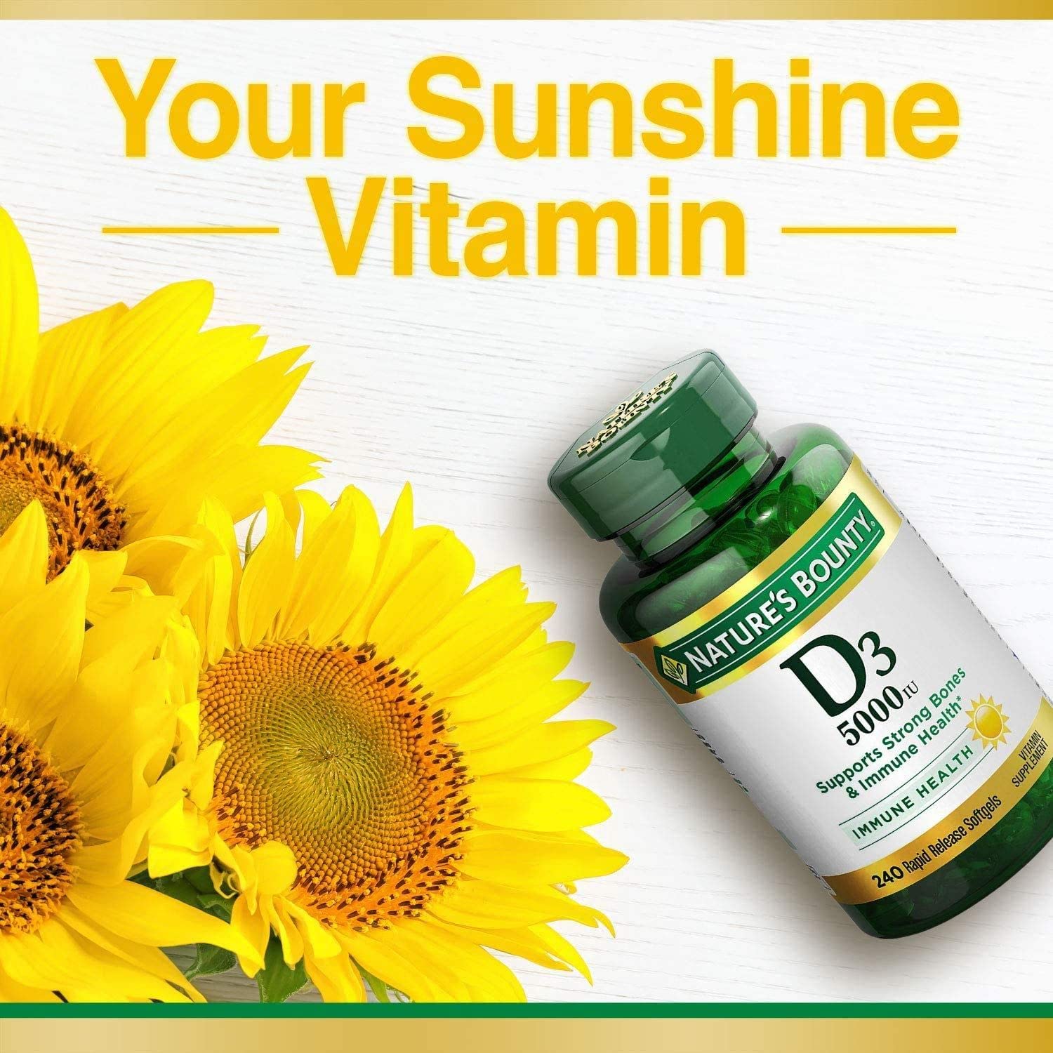Nature’s Bounty Vitamin D3, Immune Support, 125 mcg (5000iu), Rapid Release Softgels, 240 Ct (package may differ)