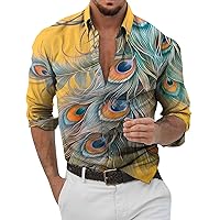 Stylish Colorful Feather Design Hawaiian Shirts for Men 3D Printed Wrinkle Free Short Sleeve Button Up Wedding Dress T-Shirt