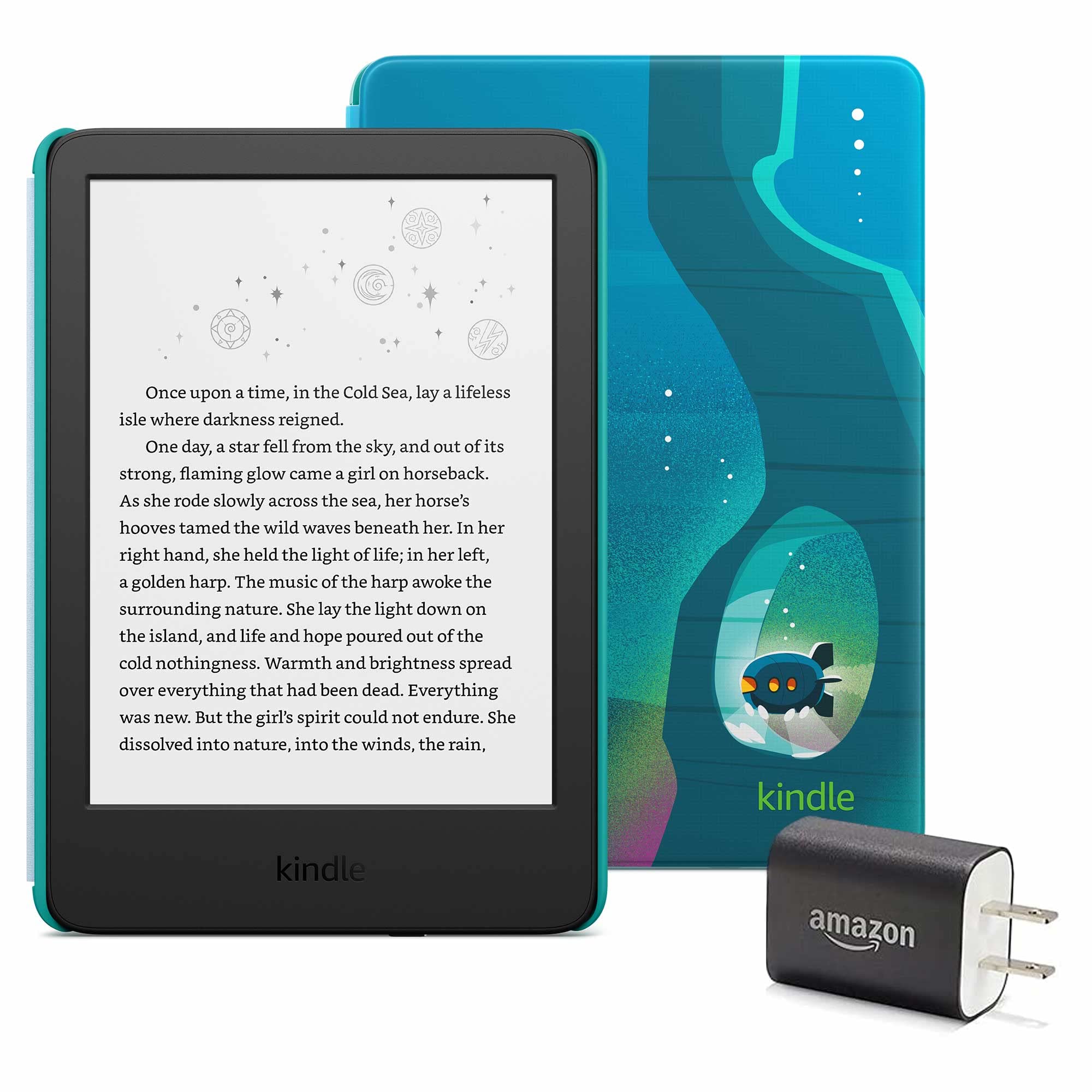 Kindle Kids Essentials Bundle including Kindle Kids (2022 release), Kids Cover - Ocean Explorer, Power Adapter, and Screen Protector