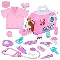 Pet Care Cage Play Set, Vet Clinic and Doctor Kit for Kids with Dress Up Costume, Doctor Medical Pretend Role Play Dog Grooming Toys, Puppy Feeding Carrier Toy for Boys and Girls Ages 3-8