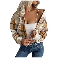 Women's Fall Plaid Shacket Jacket Faux Fur Lapel Buttons Cropped Winter Coats Outerwear with Flap Pocket