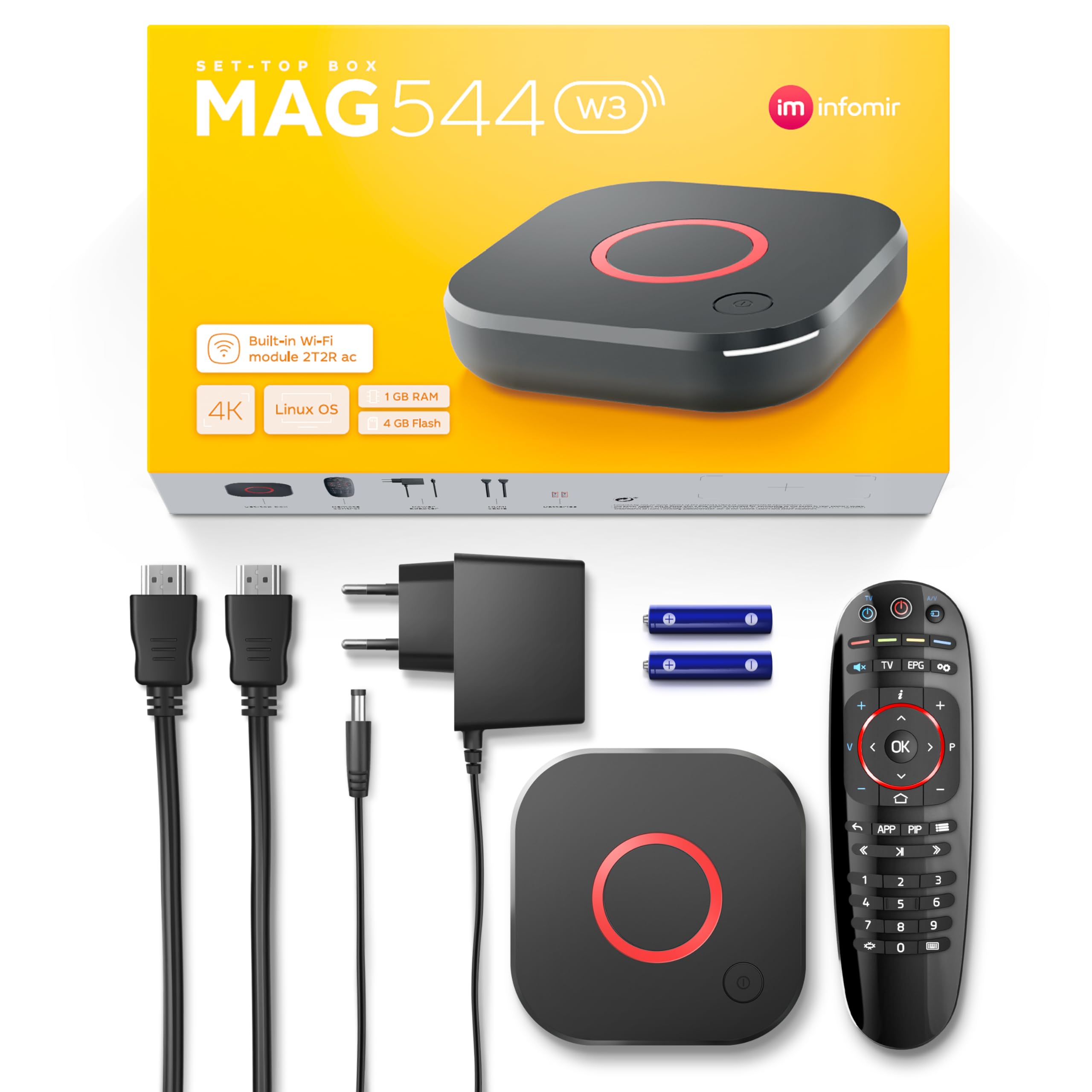 Infomir Original MAG 544 W3 4K Set Top Box Multimedia Player Internet TV Receiver 2160p @ 60 FPS HDMI 2.1 HDR and HEVC Support USB 3.0 4X ARM Cortex-A35 + HDMI Cable, Much Faster Than Mag 524w3