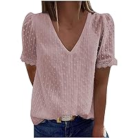 Keyhole Eyelet Tops for Women Fall Summer Short Sleeve Lace Vneck Neck Loose Fit Long Tops Shirt Blouse Women 2024