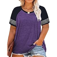 ROSRISS Plus-Size-Tops for Women Summer Short Sleeve Raglan Color Block Striped T-Shirts