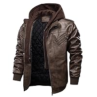 Leather Jackets,Men's Faux Leather Motorcycle Jackets Waterproof Vintage Bomber Jacket Coat With Removable Hood