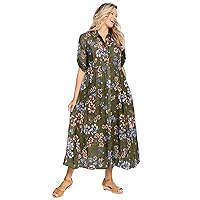 Woman Within Women's Plus Size Roll-Tab Sleeve Crinkle Shirtdress