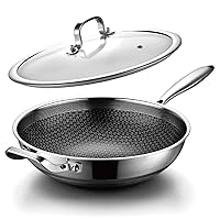 Wok pan,Hybrid 12 inch Wok with Lid, PFOA Cookware,non stick Stainless Steel Woks & Stir-fry pans Nonstick, Dishwasher and Oven Safe, Works on Induction