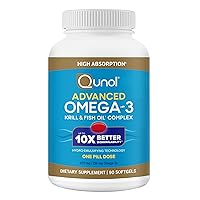Qunol Advanced Omega 3 Krill and Fish Oil Complex, 10x Better Bioavailability, One Pill Dose, 250mg EPA & DHA, Supports Brain, Eye, Heart and Joint Health, 90 Count (Pack of 1)