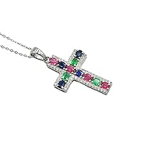 Natural Ruby Emerald Sapphire 4X3 MM Oval Gemstone Holy Cross Necklace Pendant 925 Sterling Silver July Birthstone Jewelry Blessing Gift For Christmas (PD-8276)