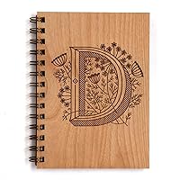 Floral Monogram D Wood Journal - Other Letters Available [Notebook, Sketchbook, Spiral Bound, Blank Pages]