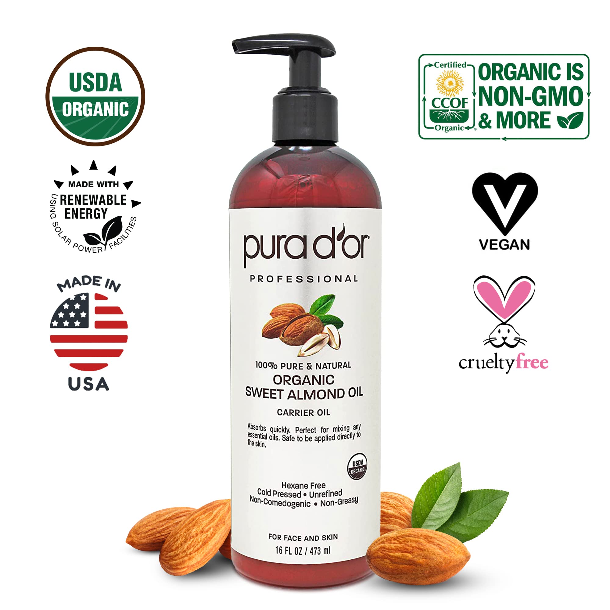 PURA D'OR Organic Sweet Almond Oil (16oz) USDA Certified 100% Pure & Natural Carrier Oil - Hexane Free - Skin & Face - Facial Polish, Full Body, Massages, DIY Base (Packaging may vary)