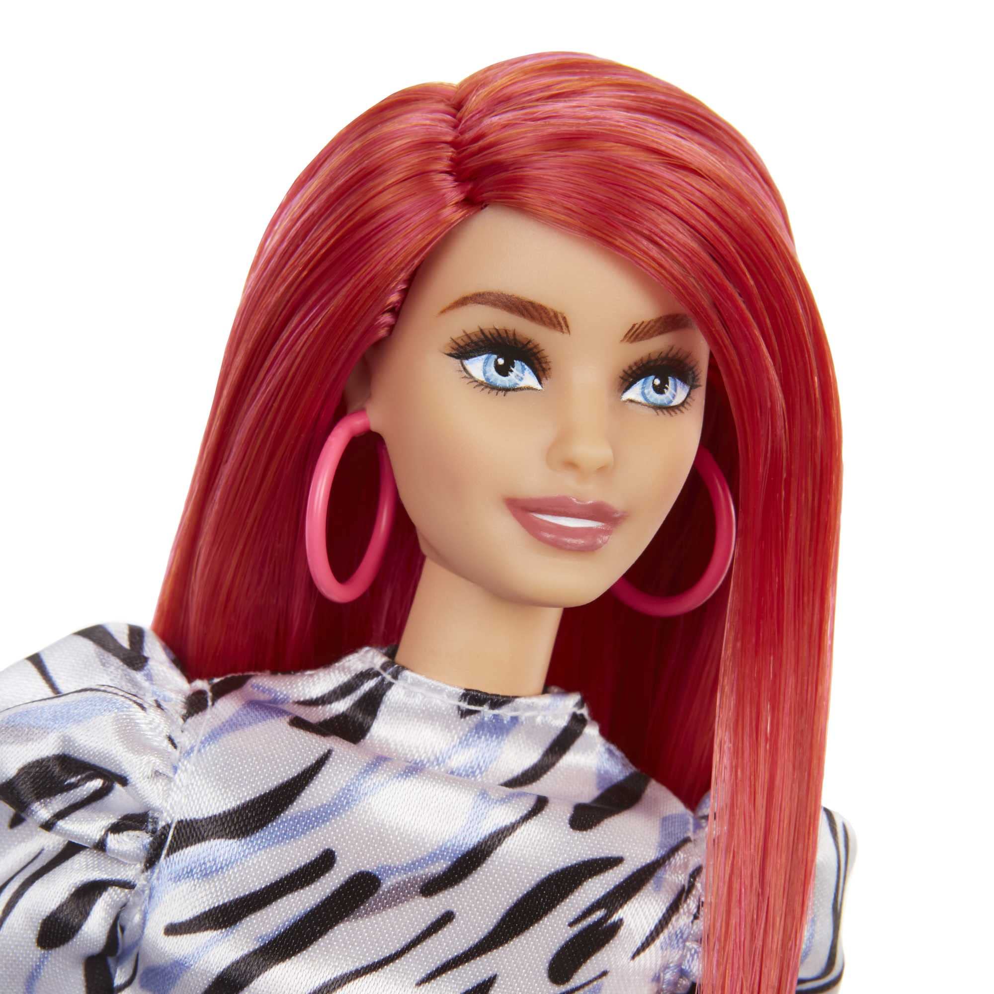 Barbie Fashionistas Doll #168, Smaller Bust, Long Red Hair, Zebra-striped Dress with Puffed Sleeves, Large Hoop Earrings, Slip-on Shoes, Toy for Kids 3 to 8 Years Old