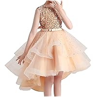 Girls Hi-Low Princess Dress Sequined Stars Ball Gown with Train
