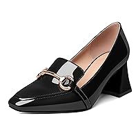 Eldof Women's Block Heels Loafers Women Shoes with Chain Closed Square Toe Slip on Heels 2.5 Inches for Casual Work Daily Life Party
