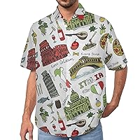 Italy Landmark Pisa Tower and Food Men's Lapel Shirt Casual Button Down Tees Short-Sleeve Blouse Tops