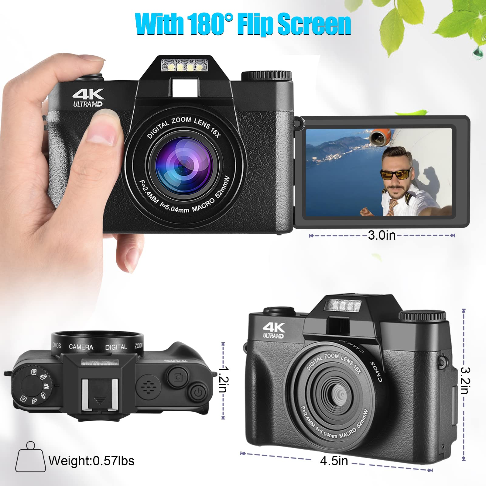 Lierhyt 48MP Digital Camera for Photography,4K Vlogging Camera,Digital Camera for Kids and Adults with 180° Flip Screen,16 X Digital Zoom,Wide-Angle Lens,Macro Lens,32 GB Micro Card,2 Batteries(Black)