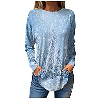 Women Long Sleeve Top Shirts Christmas Snow People Sweatshirts Soft Round Neck Shirt Casual Loose Fit Tunic Tops