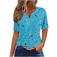 Women 2024 Summer Henley Tunic Tops Vintage Floral Print T-Shirt Casual V Neck Short Sleeve Button Up Loose Blouses