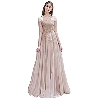 Women's Off-Shoulder Beaded Tulle Evening Dress with Sleeves