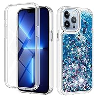 Compatible with iPhone 13 Pro Case Cute, Glitter Liquid Floating Series Quicksand Flowing Bling Sparkle Soft TPU Slim Protective Phone Cases Built-in Screen Protector Film for Women Blue Heart