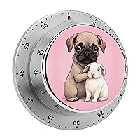 Cute Pug Dog with Rabbit Kitchen Timer Countdown Cooking Timer Reminder Wind Up Timer for Home Study