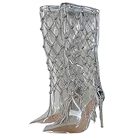 Frankie Hsu Ladies Sexy Stiletto Knee High Heeled Boots, Silver Patent Clear PVC Rhinestone Rope Cord Nets Wide Calf Big Large Size US5-14 Shoes For Hot Girl
