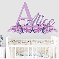Glitter Custom Name Wall Decal for Girls - Flowers Butterfly Wall Stickers for Girls Bedroom Decor - Girl Name Wall Decal Flowers Personalized Room - Baby Nursery Wall Decals Butterflies Decorations