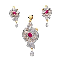 Classy Pendant Set with Earrings Gold Plated CZ Studded Indo-Western Style Modern Designer Fashion Statement Handmade Jewellery for Girls Women Ladies