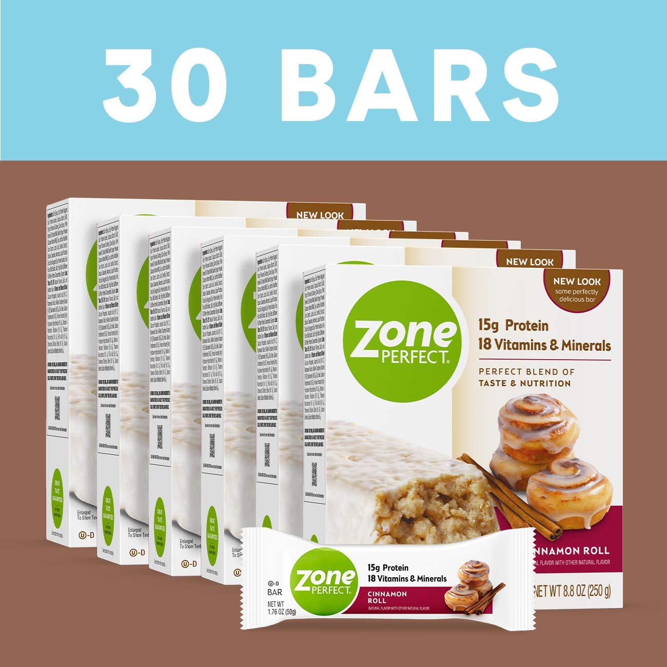 ZonePerfect Protein Bars, 18 vitamins & minerals, 15g protein, Nutritious Snack Bar, Cinnamon Roll, 30 Count