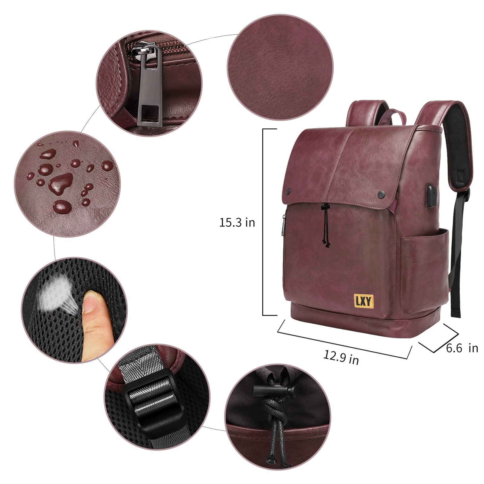 LXY Leather Laptop Backpack Women Vintage Travel Computer Backpack with USB Charging Port, Laptop Purse Book Bag for Ladies