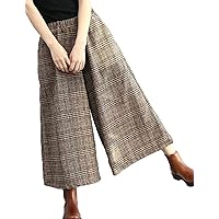 Flygo Womens Spring Fall Fashion Retro Loose Plaid Wool Blend Wide Leg Cropped Pants Culottes