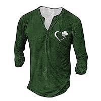 Mens Long Sleeve Tee Shirts, St Patrick's Day Button Down Henley Shirts Casual Four Leaf Clover Print Crewneck Tops