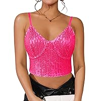 Womens Sparkly Sequin Top Spaghetti Strap Crop Top Glitter Sleeveless V Neck Vest Tank Tops Rave Disco Concert Outfit