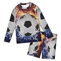 Soccer Ball Fire Water Boys Rash Guard Sets 2Pcs Kids Boys Rashguard Sets Swim Trunks Set Sunsuit,3T