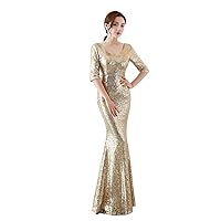 Women's V Neck Half Sleeves Mermaid Sequins Long Formal Evening Prom Homecoming Party Cocktail Dresses Gown