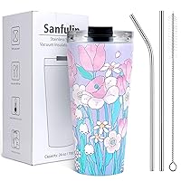 24oz Portable Vacuum Insulated Stainless Steel Tumbler with Leak-proof Lid and Straws, Beverage Tumbler Cup, Floral Designed Travel Coffee Mug, Pink Flowers