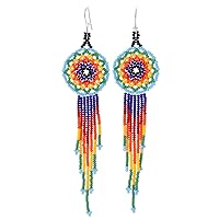 NOVICA Handmade .925 Sterling Silver Glass Beaded Dangle Earrings Huichol Colorful from Mexico Waterfall [5 in L x 1.2 in W] 'Vibrant Huichol Circles'