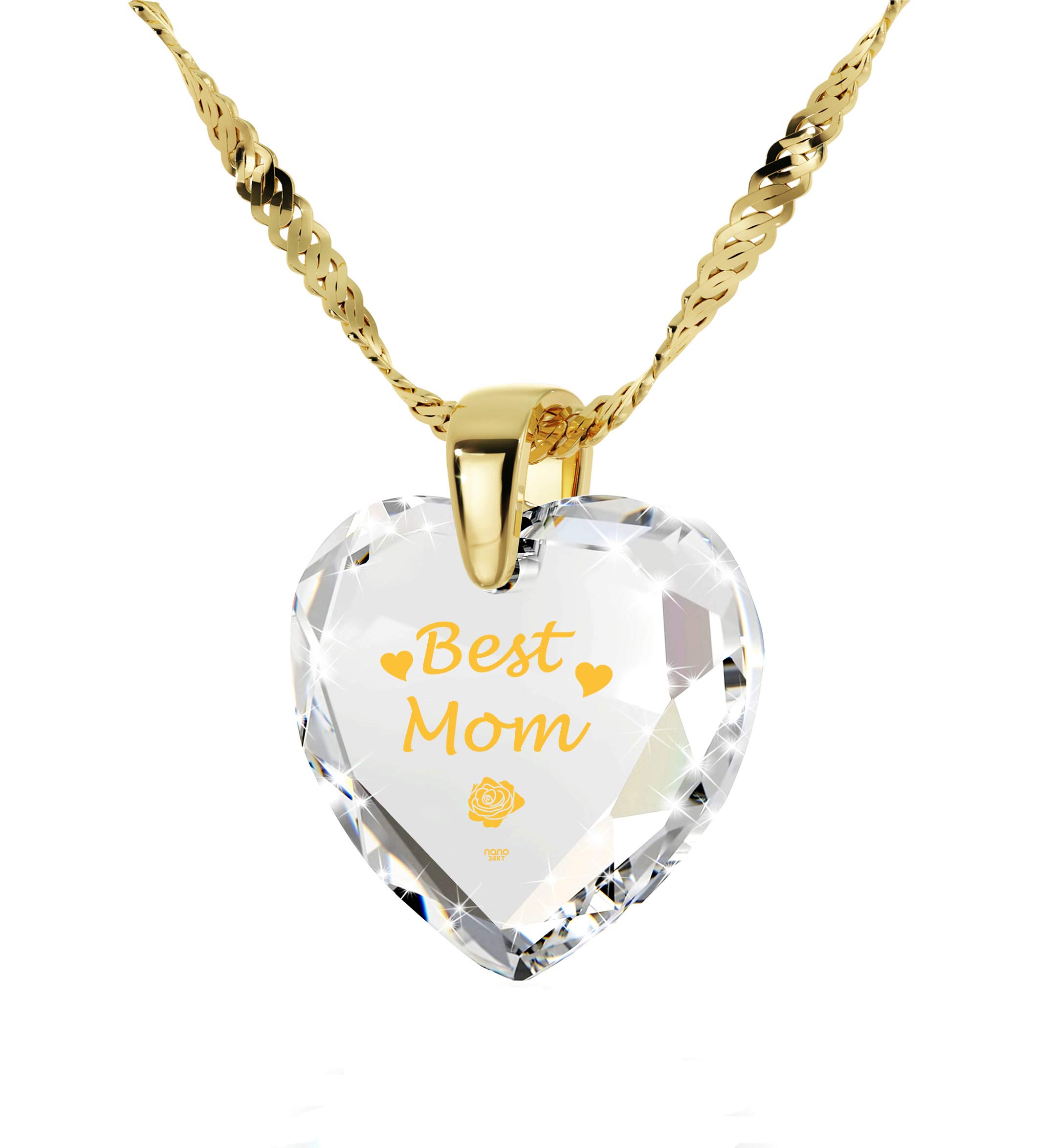 Gold Plated Best Mom Necklace - Heart Pendant Inscribed in 24k Gold on Cubic Zirconia, 18