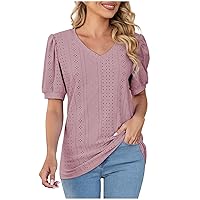 Ladies Cozy Eyelet Tops Puff Sleeve Summer V Neck Tshirt Loose Fit Vacation Blouses for Women Dressy Tee Tunic