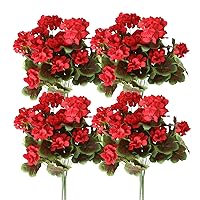Artificial Flowers Plants for Outdoor Indoor Home Decoration, Christmas 4PCS Red Fake Geraniums Silk Flowers, UV Resistant, Faux Greenery for Pot Vase Window Box Hanging Planter Front Porch Wedding