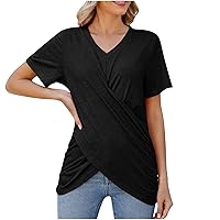 Women Cross Ruched Fashion Short Sleeve Tunic Tops Summer High-Low Hem Casual Slim Fit Solid Dressy V-Neck T-Shirts