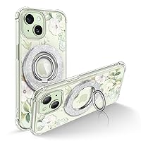 GVIEWIN Bundle - Compatible with iPhone 15 Magnetic Case (Hibiscus/Green) + Magnetic Phone Ring Holder (Silver)