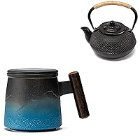 suyika Ceramic Tea Cup with Infuser and Lid Tea Mugs Wooden Handle for Steeping Loose Leaf Tea 400ml, 13.5 oz, Gradient Navy Blue & Black