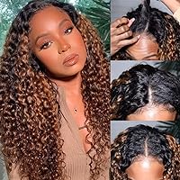 Nadula V Part Wigs Balayage Brown Highlight Jerry Curly Human Hair for Black Women, 10A Ombre Upgraded U Part Curly Wig Beginner Friendly Glueless No Leave Out No Sew In 150% Density #FB30 14inch