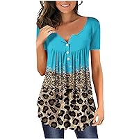 Women Henley Tunic T-Shirts Fashion Leopard Short Sleeve Button V Neck Pullovers Summer Casual Flowy Tee Blouses