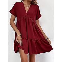 Necklaces for Women Roll Cuff Ruffle Hem Solid Dress (Color : Burgundy, Size : XS)